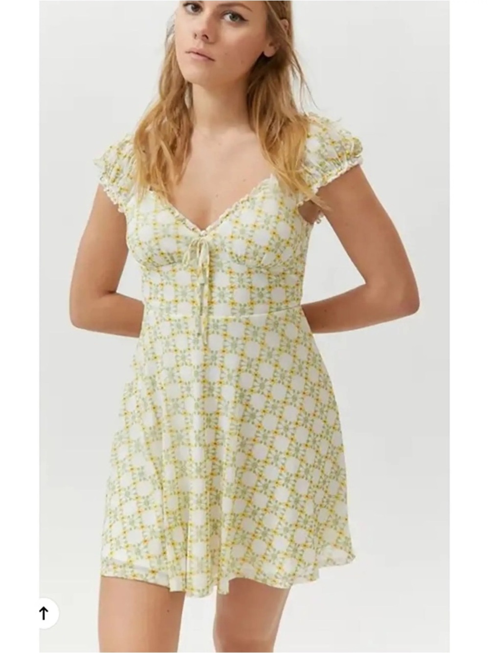 Urban Outfitters Cream Mini Dress with Yellow Floral Grid